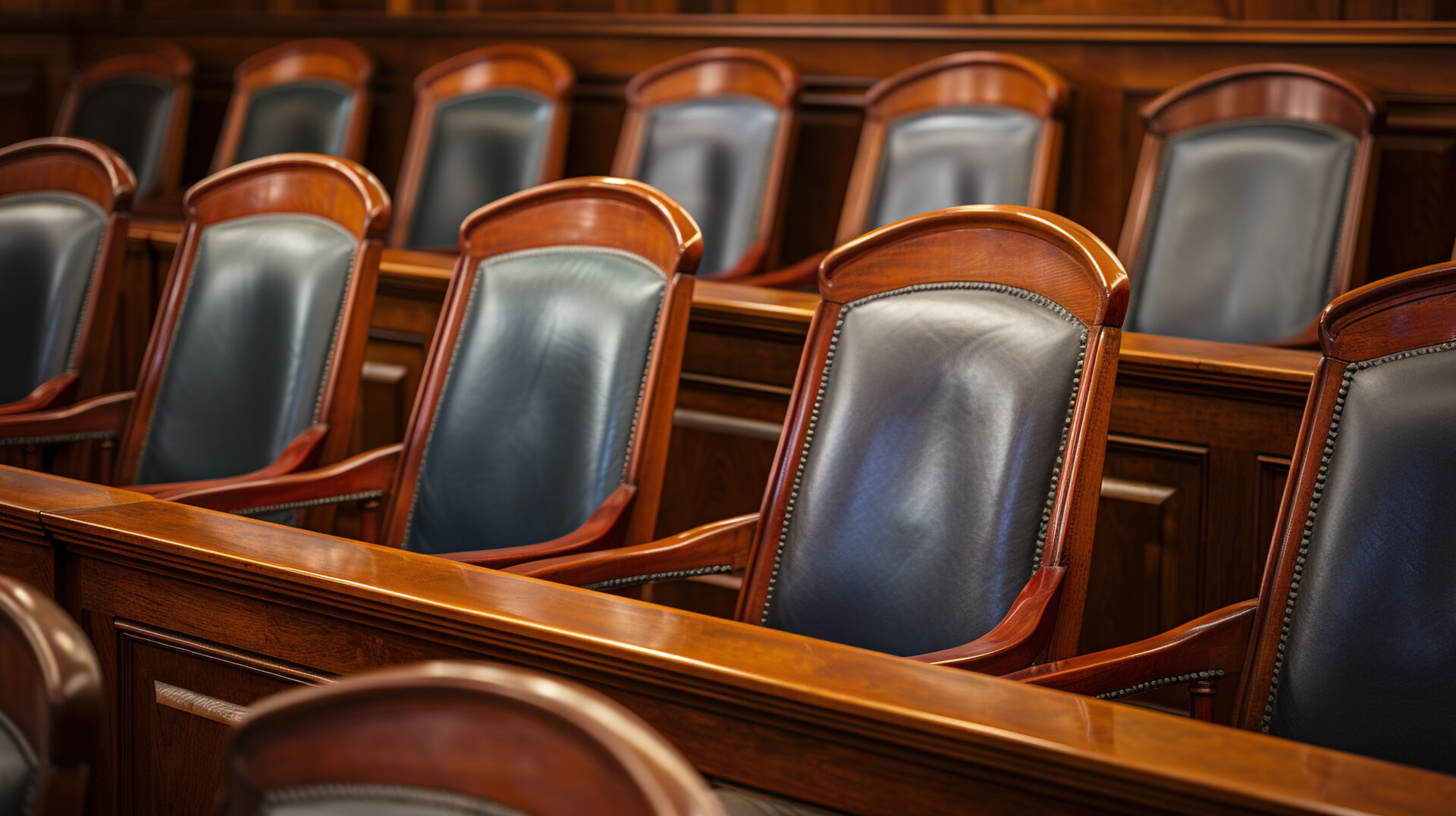 A row of wooden chairs with leather backs.